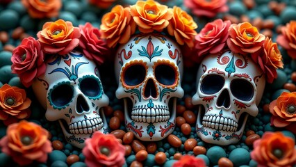 Wall Mural - Vibrant Sugar Skulls and Marigolds for Day of the Dead Celebrations
