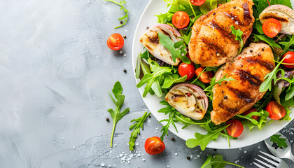 Wall Mural - Grilled chicken with green salad. Keto diet, healthy eating. Top view on white table with space for text