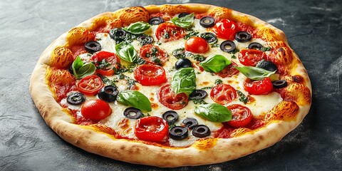 Sticker - Delicious Freshly Baked Pizza with Cherry Tomatoes, Olives and Basil