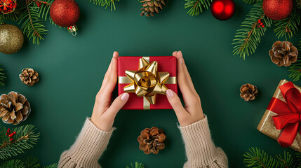 A woman holds a Christmas gift in her hands on a green background with pine cones, fir branches and Christmas balls