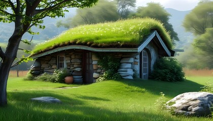 Wall Mural - charming grass-roof cottage nestled in serene rural countryside with vibrant greenery and tranquil surroundings