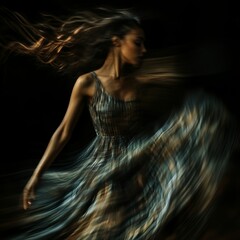 Abstract Woman in Motion  Blurred Dress  Dark Background