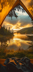 View of the wilderness from a tent. Adventure hiking and camping in the wild nature