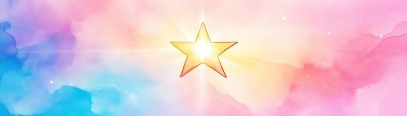 A glowing golden star in the center of a vibrant gradient pastel background with pink, blue, and yellow hues.