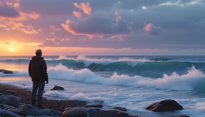 Wall Mural - serene seascape of a man observing waves crashing on rocks at sunset