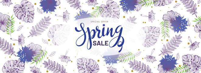 Wall Mural - spring sale header or banner design decorated with tropical leaves for advertising concept.