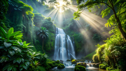 Hidden waterfall in lush jungle with sunlight filtering through dense foliage, illuminating rising mist , waterfall, hidden