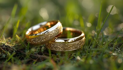 Eternal love represented by intertwined gold wedding rings nestled on a lush green grass canvas