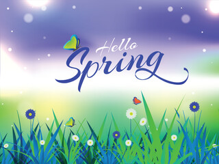 Canvas Print - Beautiful poster or banner design with nature landscape view and stylish lettering of Hello Spring.