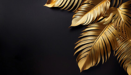 Wall Mural -  Gold-painted tropical leaves against a black background, ideal for luxurious or festive des_1(338)