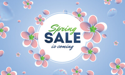 Wall Mural - advertising poster or banner design decorated with white flowers for spring sale concept.
