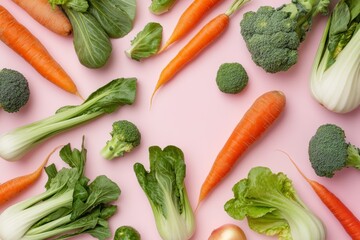 Flat lay fresh vegetables, isolated on a pink background