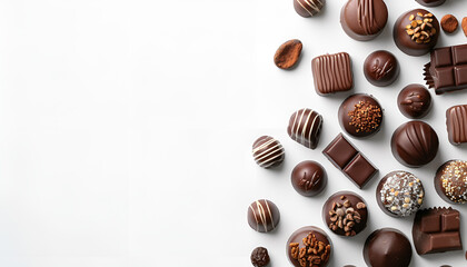 Set with different chocolate candies on white background, space for text