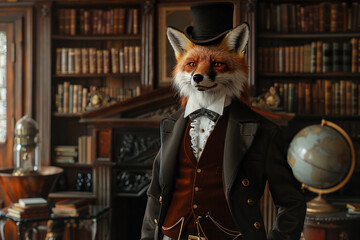 Canvas Print - Animal fox wearing a cylinder hat and old fashioned steampunk style costume generative ai