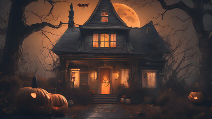 halloween background with pumpkins, spooky Halloween house, , spooky mansion on Halloween, spooky Halloween house, ai generated