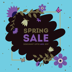 Wall Mural - spring sale template or poster design with discount offer and decorative flat style flowers illustra