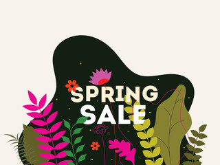 Wall Mural - flat style flower and leaves decorated background for spring sale poster or banner design.