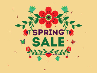 Wall Mural - spring sale poster or banner design with discount offer and decorative flat style flowers illustrati