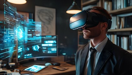 Businessman navigating virtual reality hologram in dimly lit office, blending technology and innovation