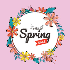 Wall Mural - colorful flower decorated hello spring sale template or poster design.