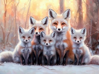 Sticker - Family of Foxes in the Forest.