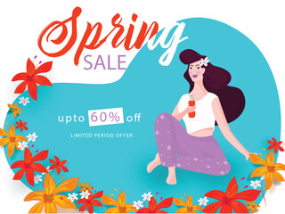 Poster - Advertising banner or poster design with beautiful young girl drinking juice and offer for Spring Sale.