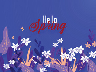 Wall Mural - hello spring banner or poster design decorated with flowers and butterflies.