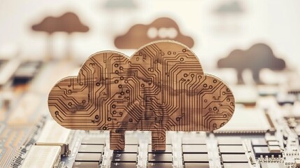Poster - wooden cloud with circuit board design on computer motherboard representing cloud computing