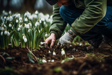 AI generated photo of man florist planting flowers  in garden