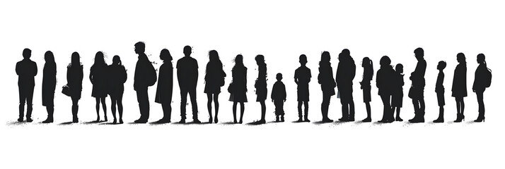 Canvas Print - a row of black siluets of people look in, we see them only from the back, white background, vector