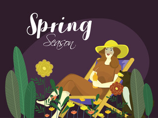 Wall Mural - beautiful lady sitting in armchair with dog character and colorful flowers decorated on dark purple 