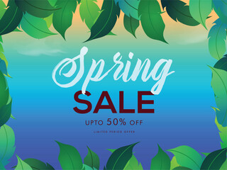 Wall Mural - spring sale poster or banner design with discount offer and decorative tropical leaves.