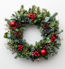 christmas wreath isolated on white background. Top view. Copy space