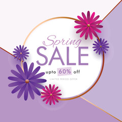 Wall Mural - spring sale banner or poster design decorated with paper cut flowers on abstract background.