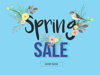 Wall Mural - spring sale banner or poster design decorated with floral and bird illustration on blue background.