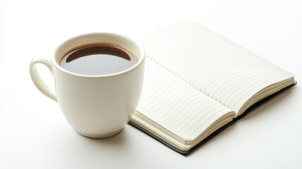 Coffee cup and notebook on white background