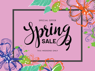 Wall Mural - spring sale banner or poster design decorated with creative flowers on pink background.