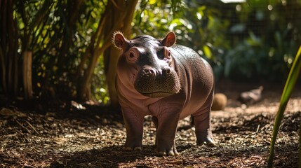 Wall Mural - A bright baby hippopotamus standing under the shade of trees, with patches of sunlight highlighting its smooth skin