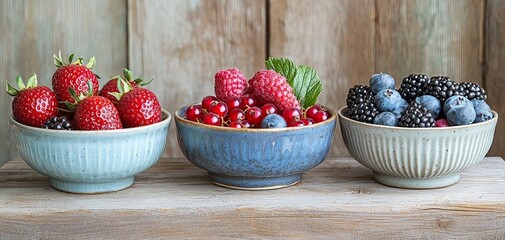 Bountiful Berry Delight Closeup Trio of Ceramic Bowls Overflowing with Fresh Berries on Wooden Plank, Rustic Charm, Festive Mood for Food Styling or Healthy Eating Concept