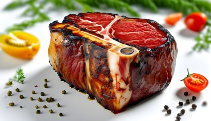 Raw t-bone steak poised for cooking on a clean white backdrop, showcasing premium quality and readiness for culinary creation