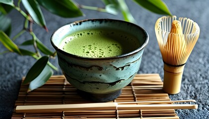 Tranquil Matcha Tea Arrangement with Bamboo Whisk and Expansive Copy Space for Creative Text