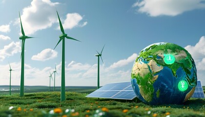 Sustainable Earth Vision with Green Energy Icons: Wind Turbines and Solar Panels in a Futuristic Rendering