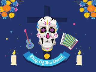 Wall Mural - Illustration of ornate sugar skull with musical instrument, illuminated candles and flowers on blue cross background for Day of the dead banner or poster design.