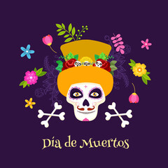 Wall Mural - Dia De Muertos celebration poster design with sugar skull or calaveras, crossbones and flowers decorated on purple background.