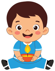 Wall Mural - Cheerful Indian Boy Character Holding Illuminated Diwali Diya Element in Sticker Style.