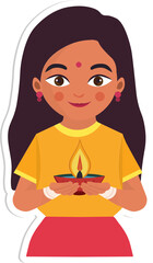 Canvas Print - Sticker Style Indian Girl Character Holding Illuminated Oil Lamp (Diwali Diya) on Grey Background.