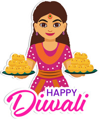 Wall Mural - Sticker Style Happy Diwali Text with Young Indian Girl Character Holding Plates of Sweet Balls (Laddu) on Grey Background.