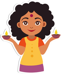 Sticker - Sticker Style Indian Girl Character Celebrating Diwali with Illuminated Oil Lamps (Diya) on Grey Background.