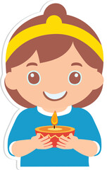 Poster - Sticker Style Cute Indian Girl Character Holding Illuminated Oil Lamp (Diwali Diya) on Grey Background.