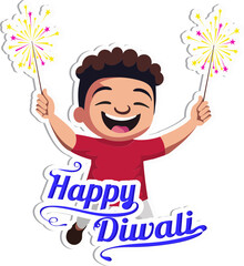 Sticker - Sticker Style Happy Diwali Text with Cheerful Indian Boy Character Holding Sparkling Sticks on Grey Background.